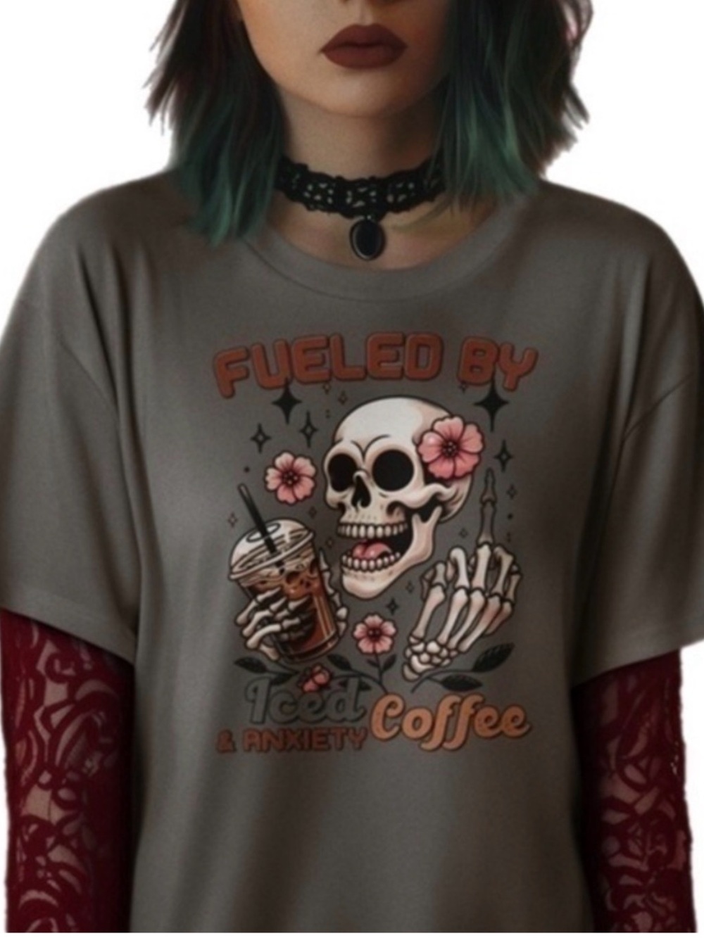Charcoal Grey Short Sleeve Graphic T ‘Fuel by Iced Coffee & Anxiety’ with Skull
